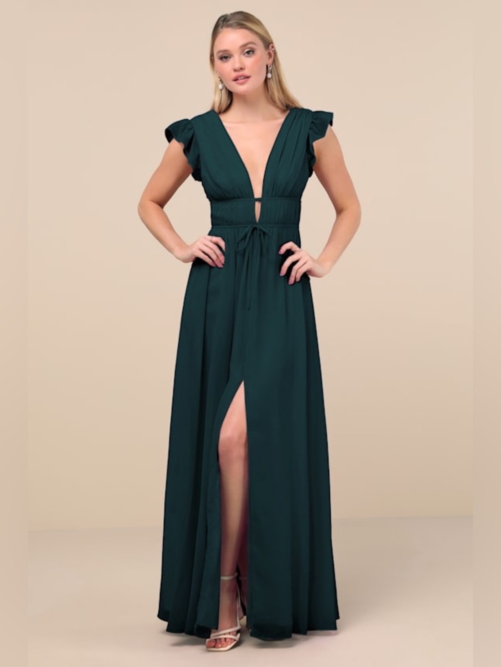 Lulu's I’m All Yours Emerald Green Ruffled Maxi Dress